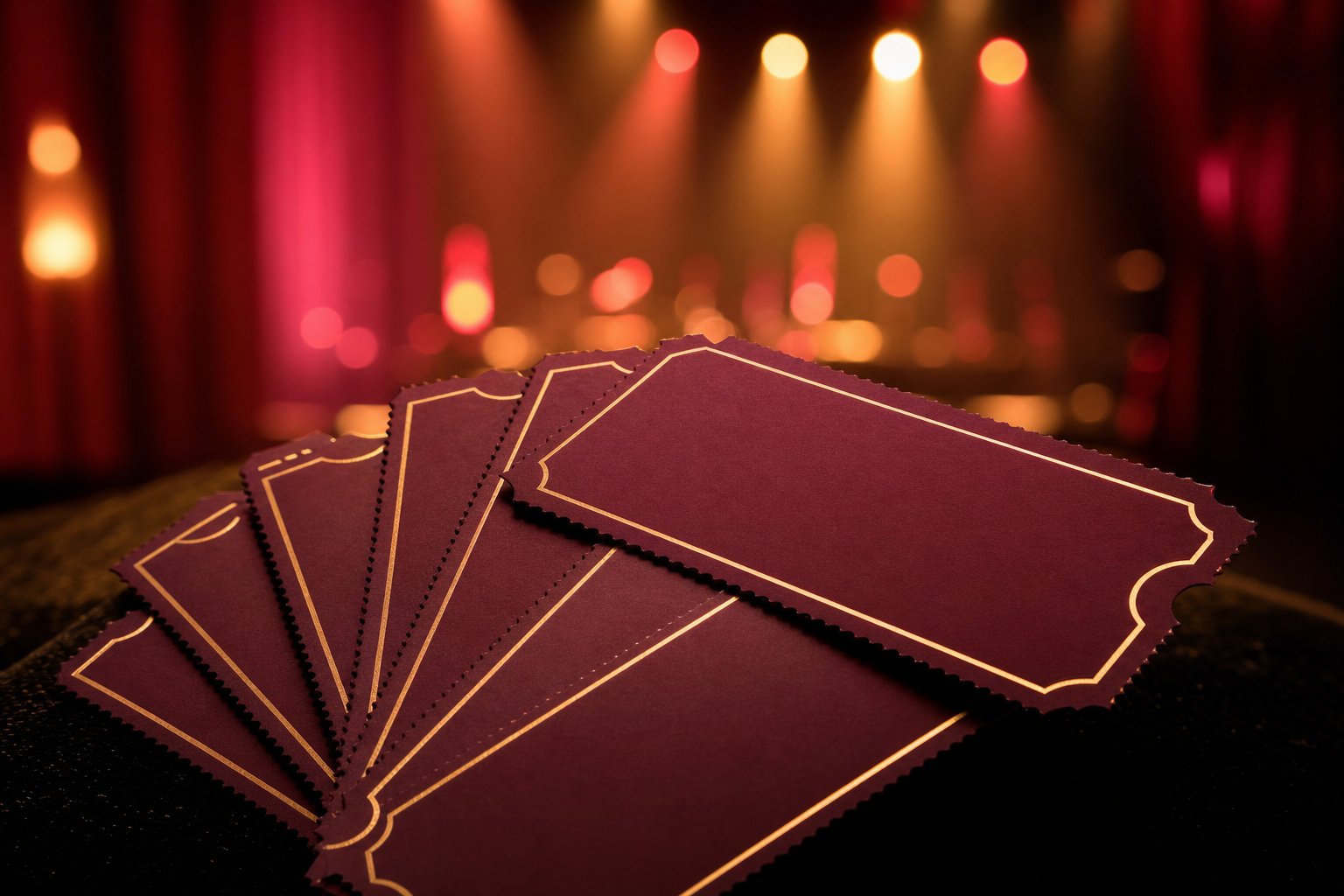 Elegant blank event tickets fanned on a dark surface with stage lighting in the background