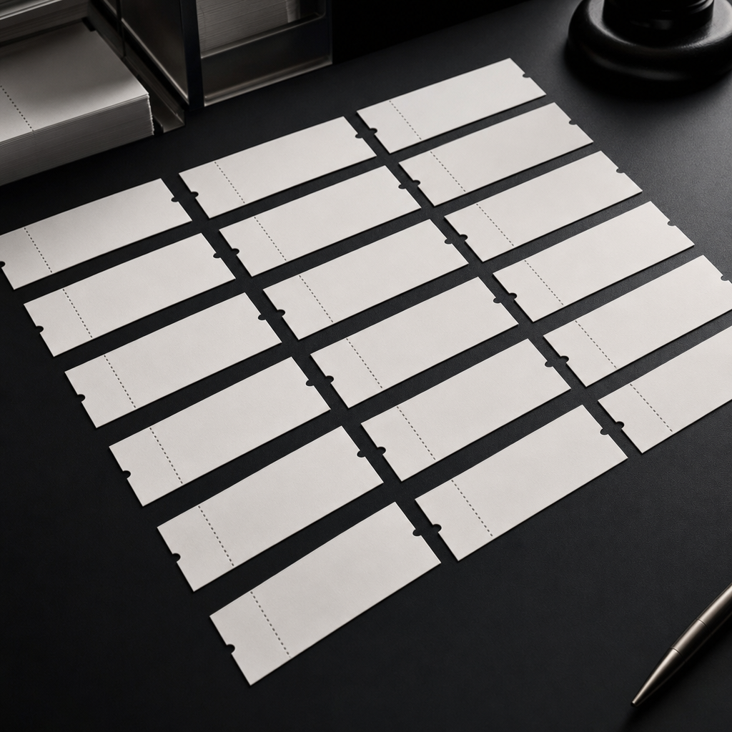 Blank reserved-seat tickets arranged in ordered rows on a work table