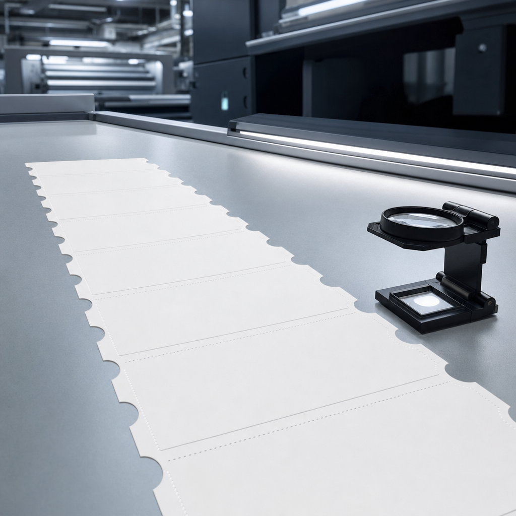 Blank tickets moving through a precise inspection station in a print plant